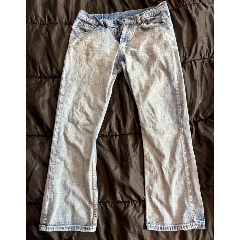 Flypaper Mens Light Wash Bootcut Jeans Embroidered Cross Back Pocket 33x30 Y2K